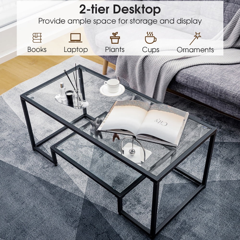 Finihen Glass Coffee Table, Rectangular Coffee Table, Modern 2-Tier Rectangular Coffee Table with Glass Table Top, for Living Room, Reception Room, Black Finihen Glass Coffee Table, Rectangular Coffee Table, Modern 2-Tier Rectangular Coffee Table with Glass Table Top, for Living Room, Reception Room, Black