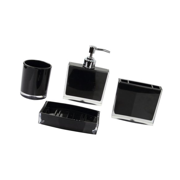 Juego de 4 vasos dispensadores de loción y soporte para cepillos de dientes, organizador de artículos de tocador moderno Negro