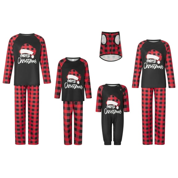 Hirigin Store Christmas Family Pajamas Matching Set, Romper/Letter Print Raglan Long Sleeve Tops and Plaid Pants Sleepwear