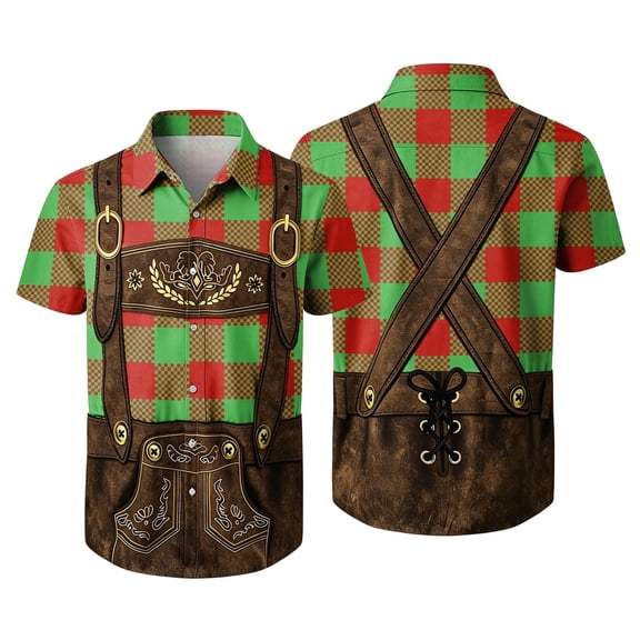 Oktoberfest Themed Men's Lederhosen Print Shirt, Traditional Plaid Button Down Shirts