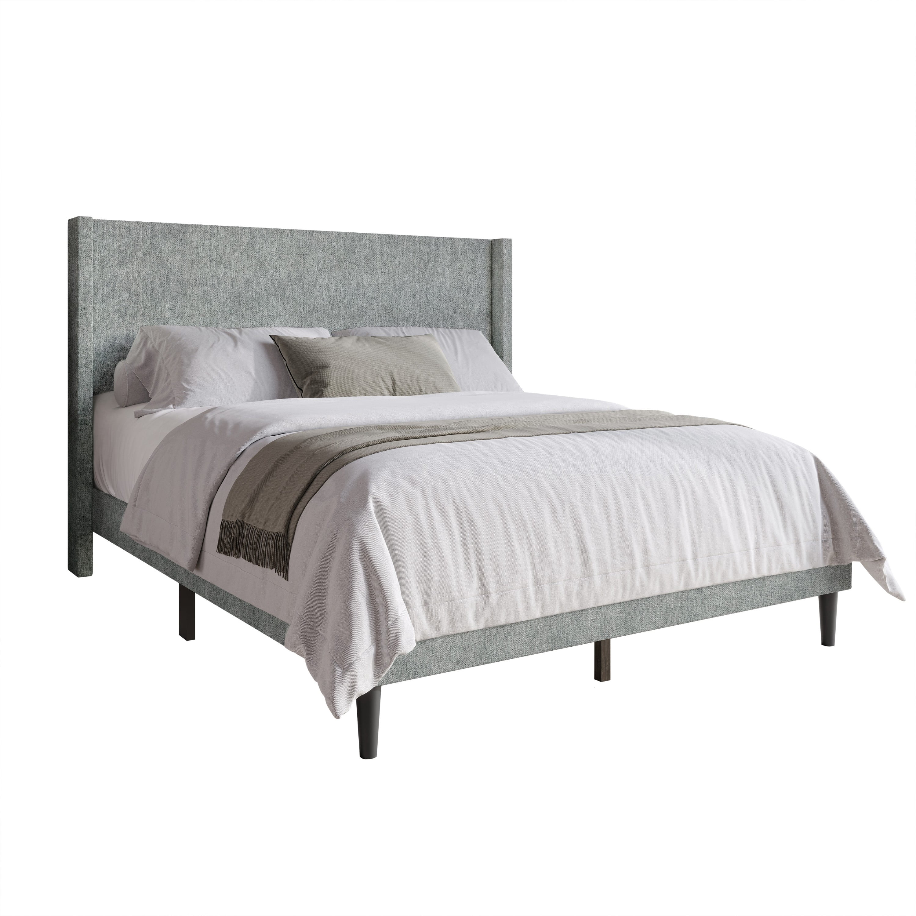Home Design Bangor Full Upholstered Wingback Platform Bed Frame, Linen, No Box Spring Required, Light Gray