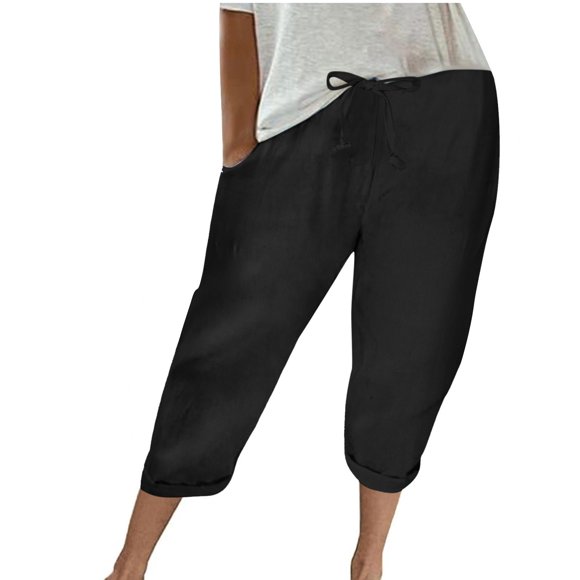 Timegard Capri Pants for Women Cotton Linen Elastic Waisted Drawstring Casual Loose Crop Pants with Pockets