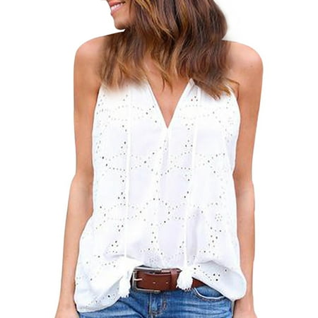 Sexy Sleeveless T Shirt For Women V Neck Solid Summer Vest Embroidery Spaghetti Strap Casual Blouse Tops