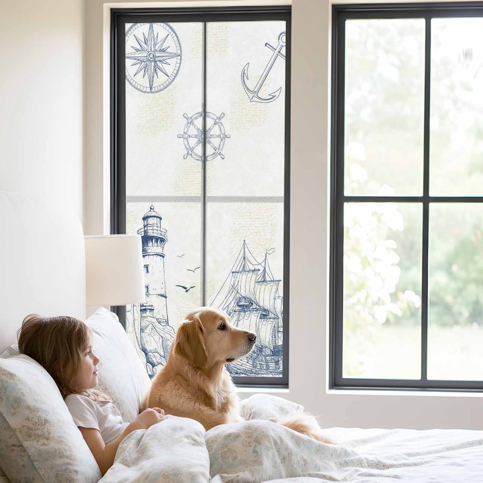 Lighthouse Sailboat Seagull Window Privacy Film, Nautical Ship Ocean Blue Sketch Frosted Glass Window Clings Static Cling UV Heat Blocking Reusable Door Sticker for Bathroom 23.6 x 59 Inch
