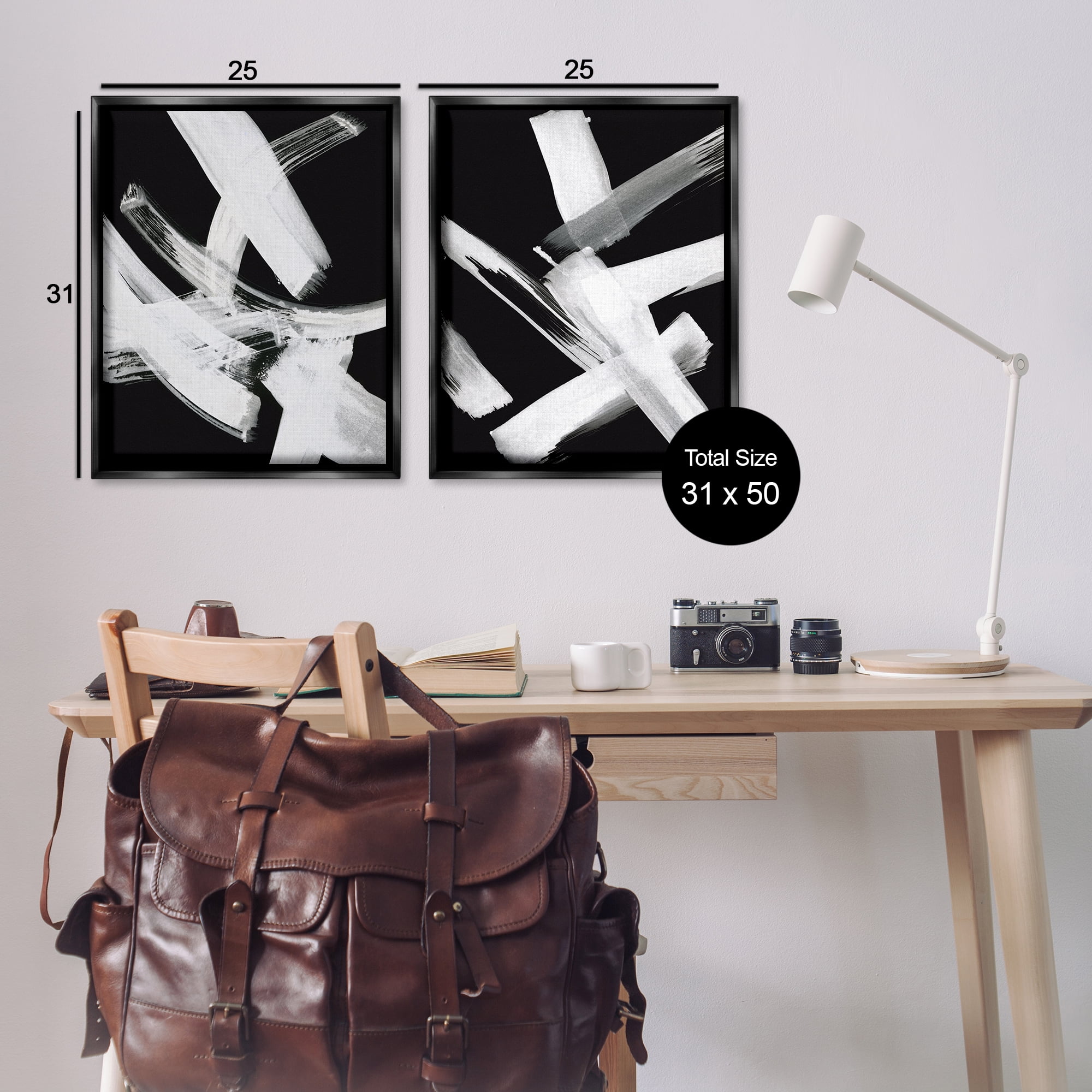 Stupell Industries Abstract Lines White on Black Abstract Painting Black Floater Framed Canvas Art Print Wall Art, 31 x 25, Set of 2