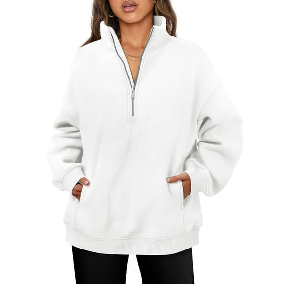 comerut Women Autumn Casual Sweatshirt Half Zip Pocket Solid Color Long Sleeves Stand Half High Collar Warm Windproof Winter Loose Ladies Female Pullover Hoodie Top