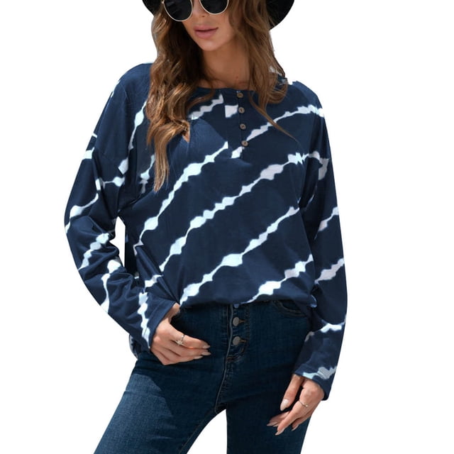 Blusa de manga larga cuello redondo botón tie dye punto cómodo casual tops para las mujeres