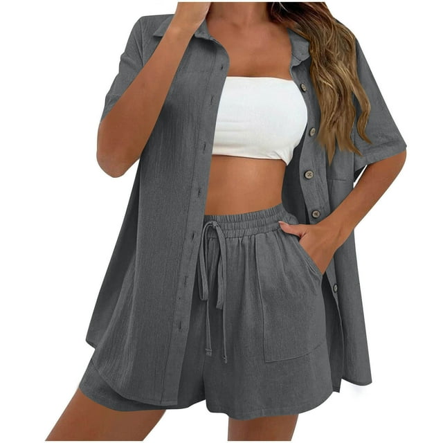Yanlir Womens Solid Color Short Sleeve Button Down Shirt with Elastic Waist Pants Set Comfortable Two Piece Outfit with Pockets for Daily Wear(Dark Gray#2,5XL)
