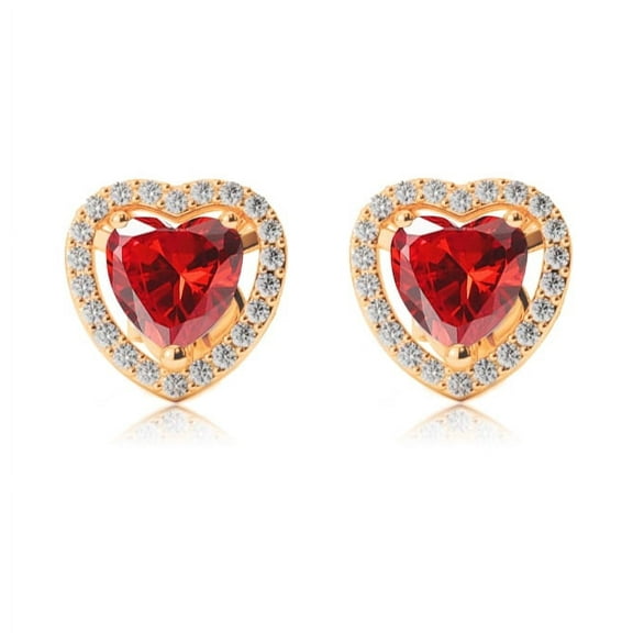 18k Yellow Gold Halo Heart Ruby Stud Earrings Plated by Paris Jewelry