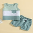 thumbnail image 2 of 2Pcs Infant Baby Boy Casual Summer Outfit Set Sleeveless Patchwork Tank Tops Solid Drawstring Shorts with Pockets, 2 of 5