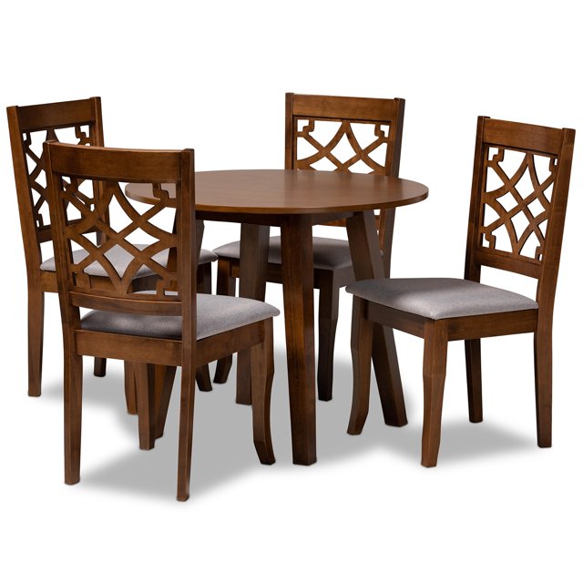 Juego de comedor de 5 piezas Baxton Studio Mya tapizado en tela gris y madera con acabado marrón nogal