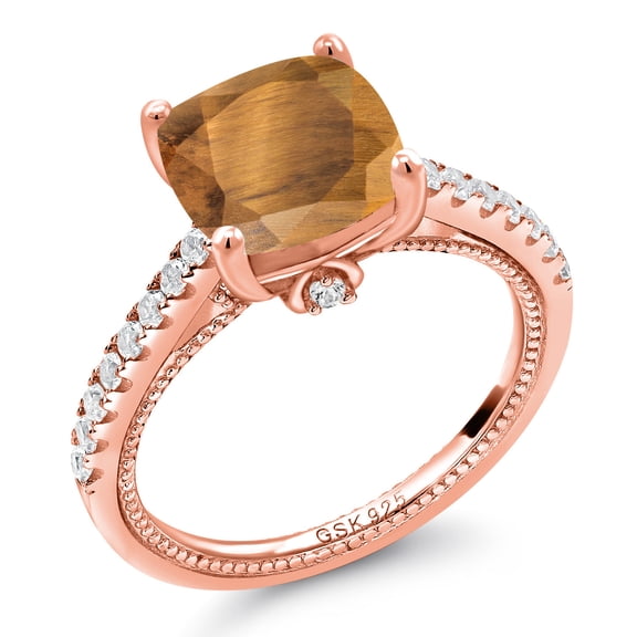 Gem Stone King 3.77 Ct Brown Tiger Eye White Created Sapphire 18K Rose Gold Plated Silver Ring (Size 8)