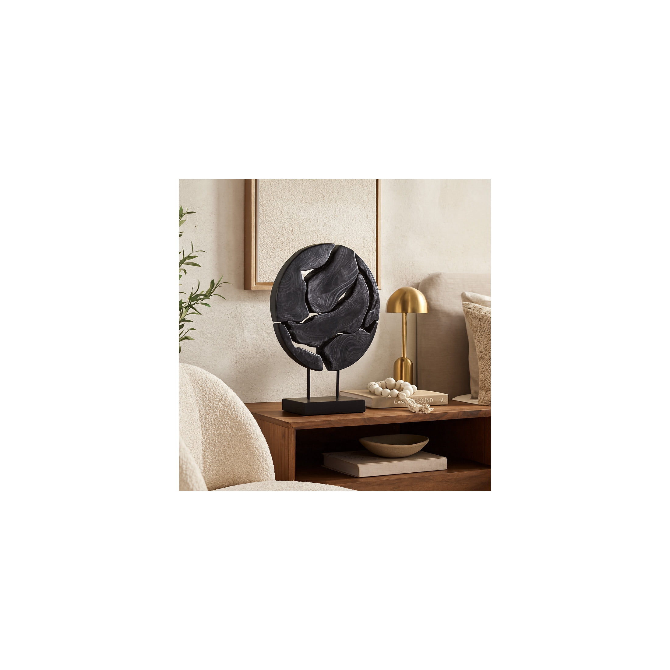 14" x 19" Black Teak Wood Circular Cutout Abstract Sculpture with Natural Wood Grain Patterns and Black Base, by DecMode