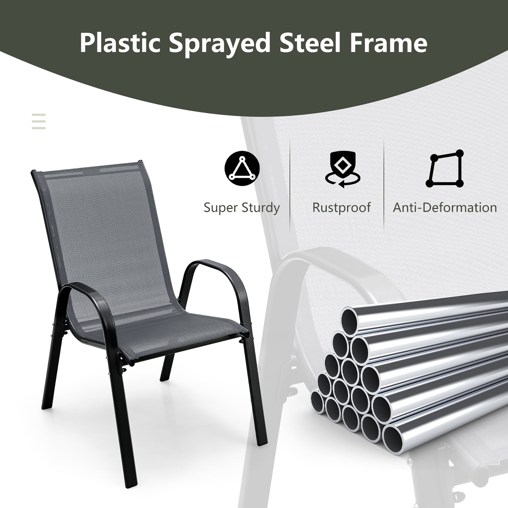 Gymax 4PCS Patio Stacking Dining Chairs w/ Curved Armrests & Breathable Seat Fabric Grey