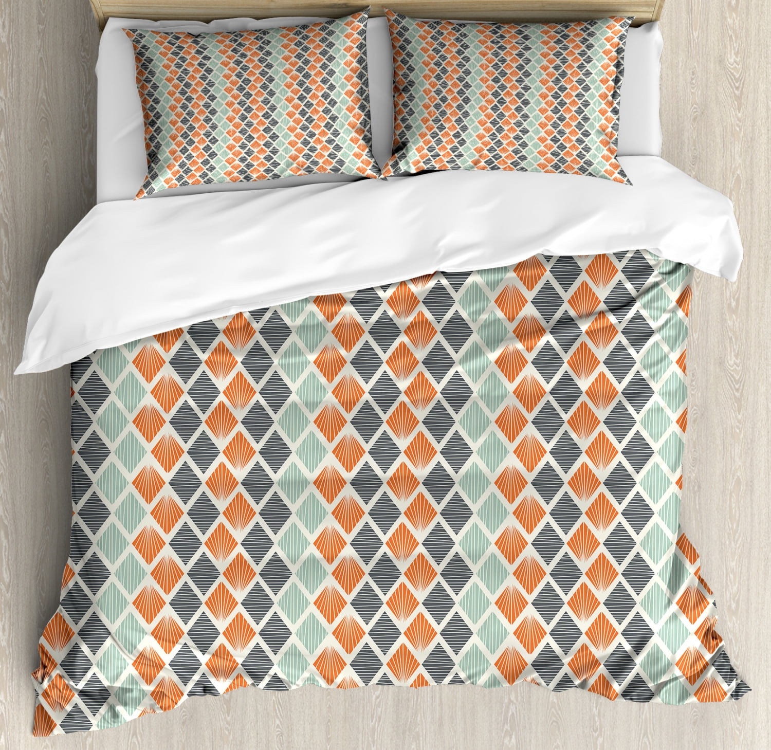 Geometric Duvet Cover Set, Square Shapes with Lines Rhombus Geometric