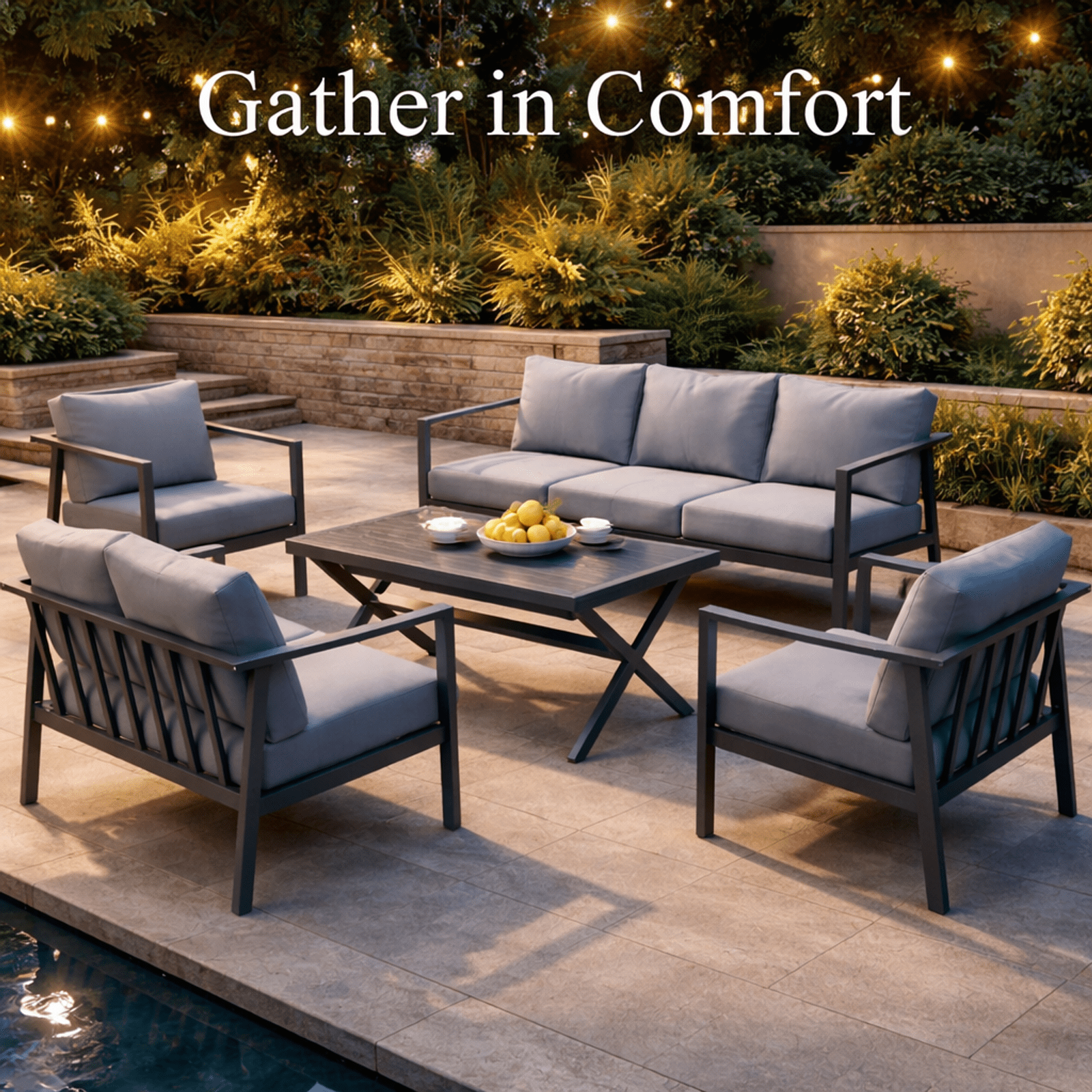 Aluminum Patio Furniture Set with Slim Armrests,4 Seat Modern Outdoor Conversation Set with Cushions and Coffee Table,Metal Patio Sofa Set Gray