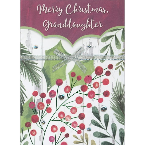 Designer Greetings Shimmering Silver Bow, 3D Die Cut Top Banner and Holly Berries over White Panels Hand Decorated Christmas Card for Granddaughter