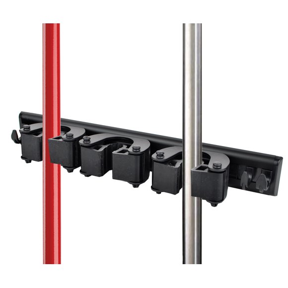 Broom & Mop Kitchen Garage Closet Tool Holder Storage System Black Aluminum Alloy Wall Mounted Rack 3 Rubber Grip Modular Adjustable (3 Grips, 4 Hooks)