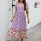 thumbnail image 1 of Puntoco Vestido De Manga Corta Con Cuello En V, Vestido Bohemio De Verano Con Cuello En V Y Cordones A La Moda Con Estampado De Manga Farol Y Cintura Alta Morado M, 1 of 6