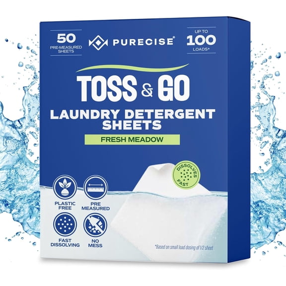 Purecise Toss & Go Laundry Detergent Sheets Eco Friendly 50 Count Up to 100 Loads, Fresh Scent
