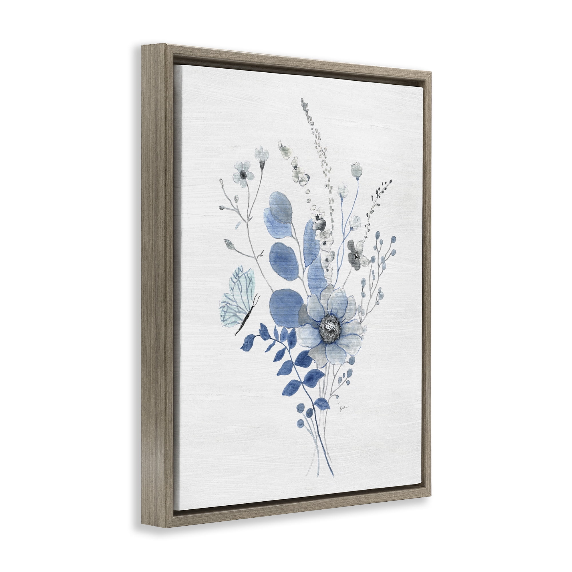 Stupell Industries Subtle Blue Wildflowers Botanical & Floral Painting Brown Floater Framed Art Print Wall Art, 25 x 31