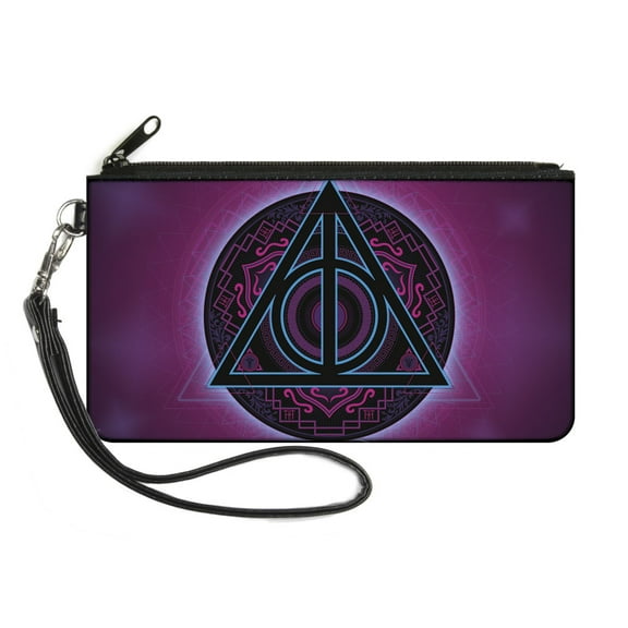 The Wizarding World of Harry Potter Wallet, Zip Pouch, Harry Potter Deathly Hallows Symbol Black Neon Pink Blue, Canvas