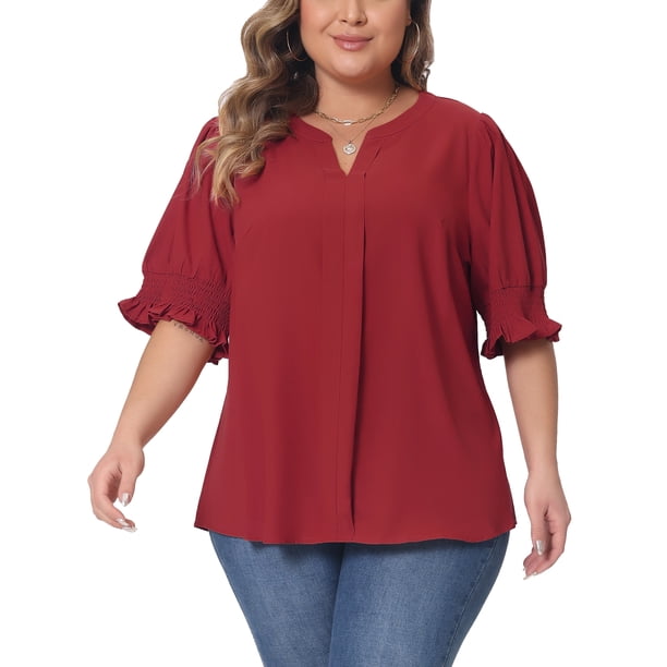 Blusa de gasa de mujer plus size Agnes Orinda, con cuello en V, mangas cortas abullonadas, casual, color burdeos, talla 1X