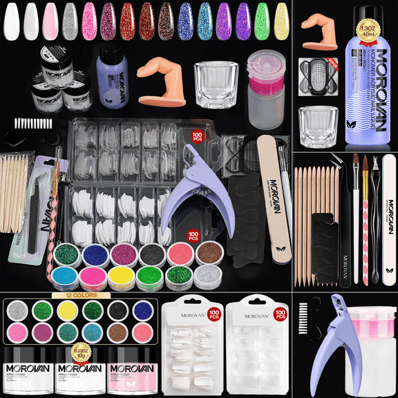 Morovan Acrylic Nail Kit with 12 Colors Glitter Powder, Reusable Fake Nails Full Set for DIY Nail Art at Home