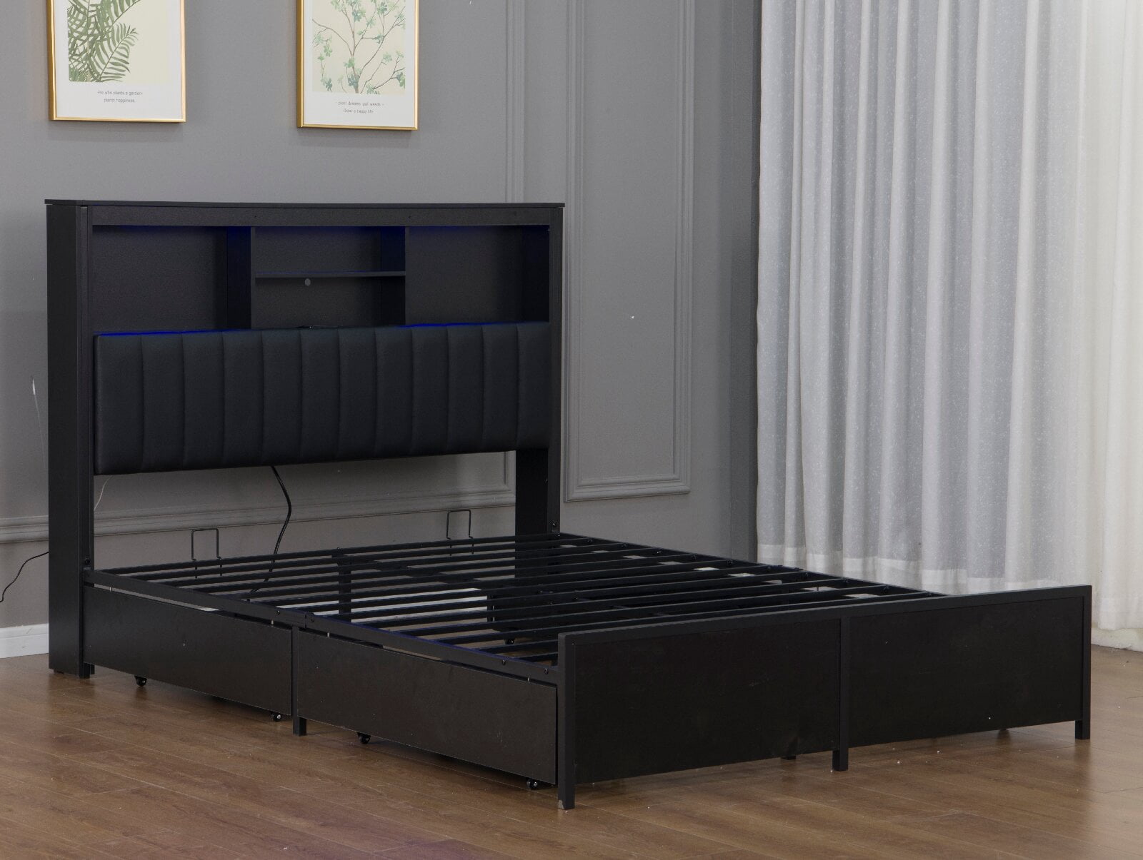 Queen Size Bed Frame with High Storage Headboard and Charging Station, All-Metal Support Bed Frame with LED light and  4 Storage Drawers for Bedroom, Apartment, Mattress not included, Black
