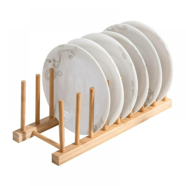 ODIANTRD Wooden Dish Rack Plate Rack Compact Dish Drying Rack Bamboo Dish Drainer for Dish / Plate / Bowl / Cup / Pot Lid / Cutting Boar, Size: 8 PILLARS