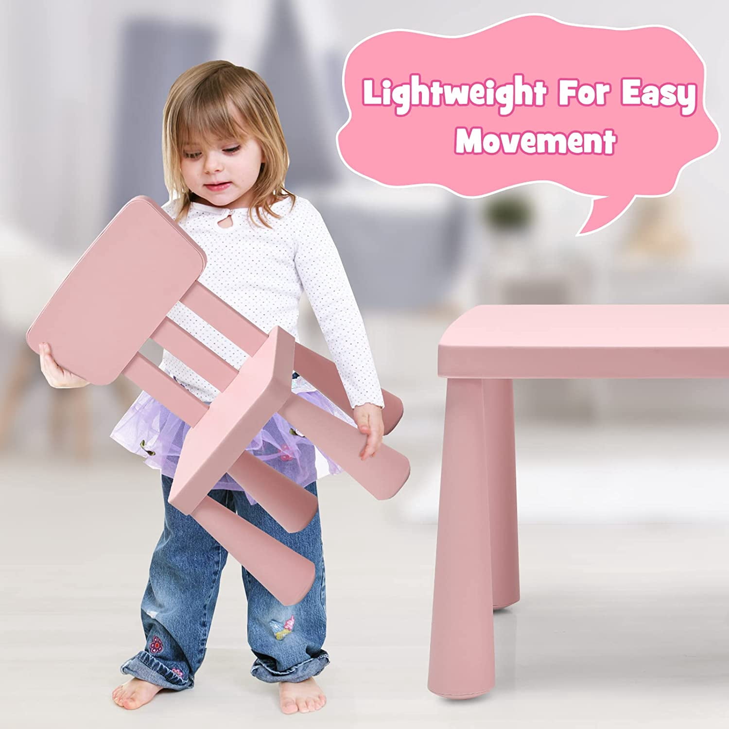 ZJTER Kids Table and Chair Set, Plastic Children Activity Table and 2 Chairs for Art Craft, Easy-Clean Tabletop, 3-Piece Toddler Furniture Set for Daycare Playroom, Gift for Boys Girls(Pink)