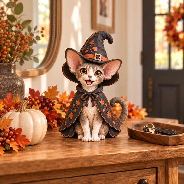 Wooden Block Halloween Devon Rex Witch Feline Tabletop Display for Cat ...