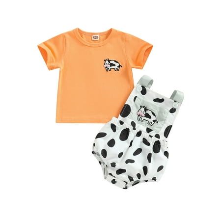 

Qtinghua Western Baby Girl Clothes Short Sleeve Cow Print T Shirt Romper Suspender Shorts Sleeveless Overalls Set Orange 12-18 Months
