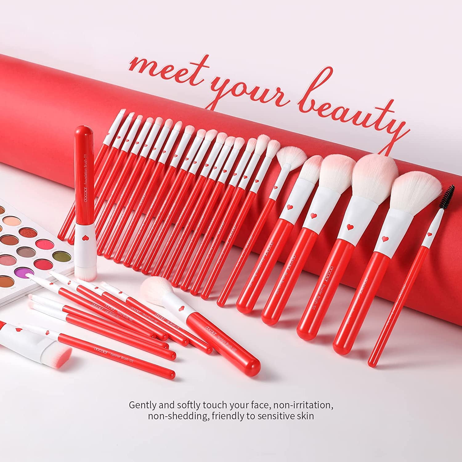 Docolor 32-Piece Red Kabuki Makeup Brush Set for Face, Eyes, and Brows