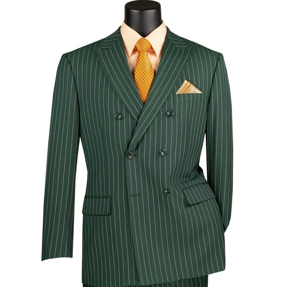 VINCI Men's Hunter Green Pinstripe Double-Breasted 6-Button Classic Fit Suit - NEW - 40R
