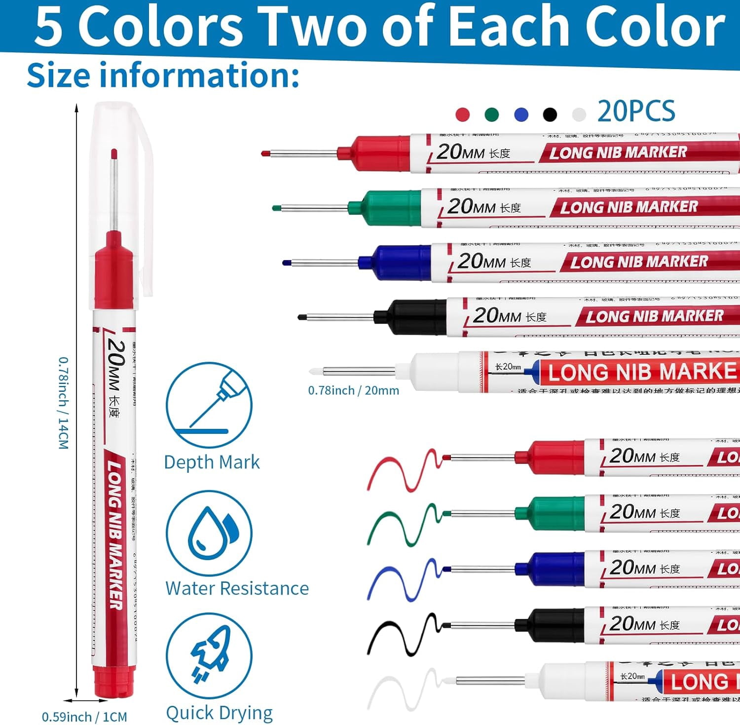 20 PCS Long Head Deep Hole Marker Pens,20mm Nib Marker, Longs No Markers, Waterproof Construction Markers Marking Tool,Permanent Carpenter Ink marker Pens,Metal marking Pens