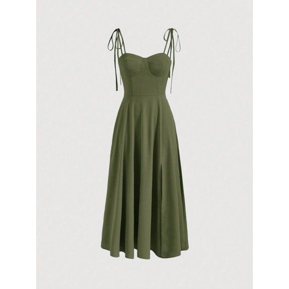 Army Green Bustier Waist Tie-Shoulder Midi Cami Dress For Women, Elegant Party, Wedding Guest, Garden Outfit