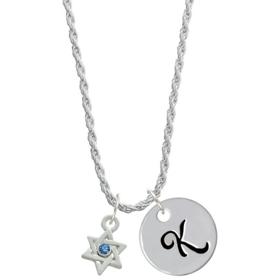 Delight Jewelry Silvertone Mini Star of David with Blue Crystal Silvertone Script Initial Disc - K - Charm Necklace, 20"+3"