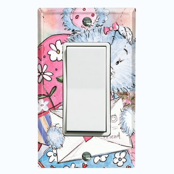 Metal Light Switch Wall Plate Outlet Cover (Love Letter Friend Teddy Bear Heart Flowers - Single Rocker)