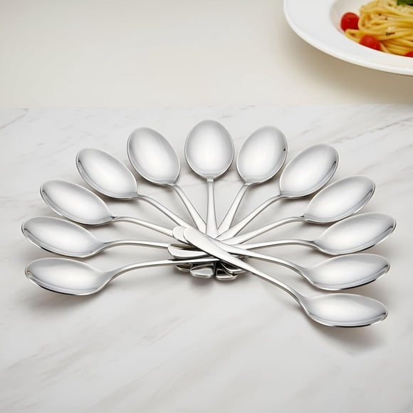 Stainless Steel Table Spoons Set Of 12 - Silver, 18.5cm | Dinner Spoon With Round Edge For Home & Kitchen - Luxury Dining Tableware Gift For House Warming