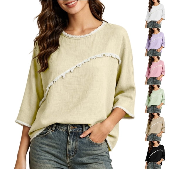 Jinhomg Ladies 3/4 Sleeve Blouses Cotton Blend Tops with Frayed Edge Lightweight Business Casual Summer Outfits for Women 2026 Khaki,XL