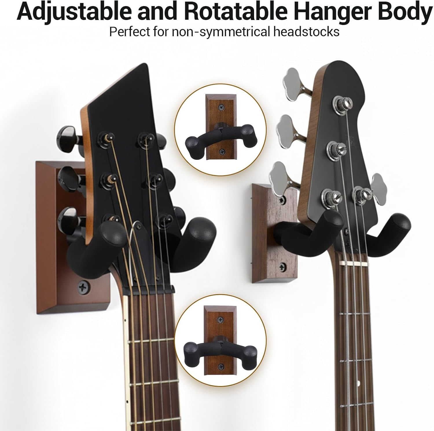 4 Pack Guitar Wall Mount, Black Walnut Wood Guitar Hanger U-Shaped Wall Hanger Mount with Rotatable Soft Guitars Hook for Acoustic Guitars Bass, Easy to Install, Gift for Guitarplayer