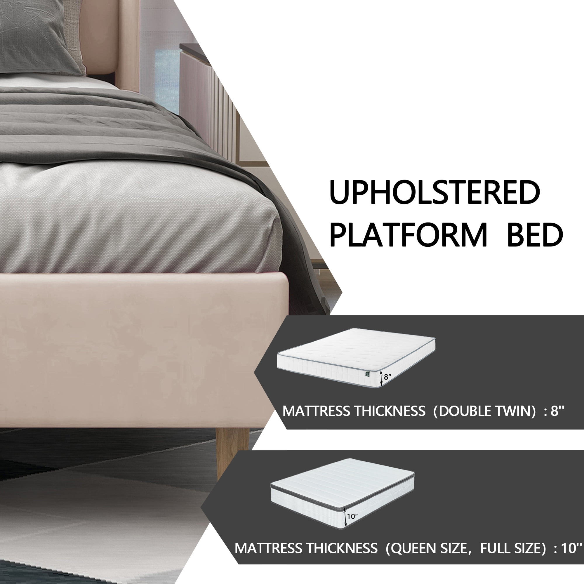 alazyhome Full Size Upholstered Platform Bed Frame, Easy Assemble, Beige