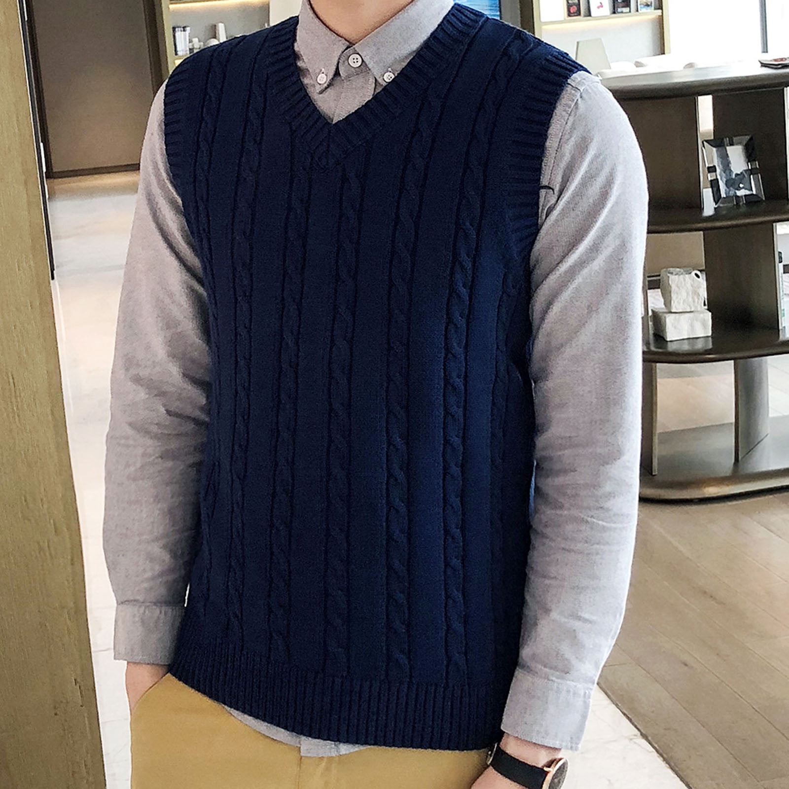 Men's V Neck Sleeveless Sweater Cashmere Wool Blend Relax Fit Pullover Vest Solid Casual Slim Fit Knitted Vest Camel,Small 