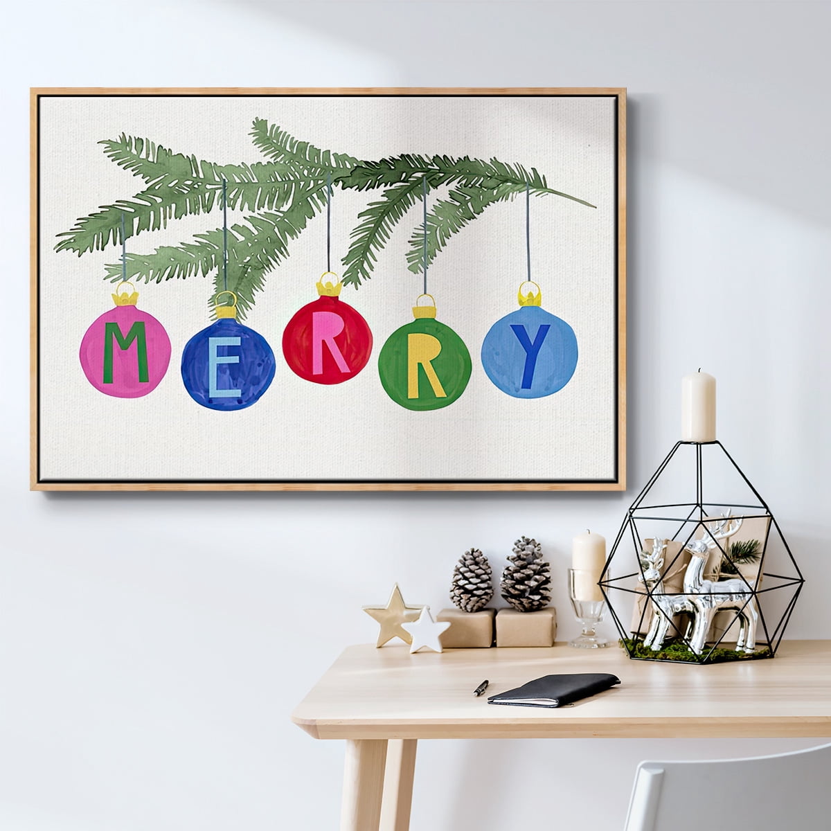 Colorful Christmas Collection A - Framed Gallery Wrapped Holiday Canvas - 25 x 37 - Natural Wood Frame