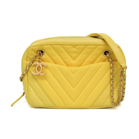 Pre-Owned Chanel Chevron V-stitch Women's Leather,Cotton Shoulder Bag Yellow