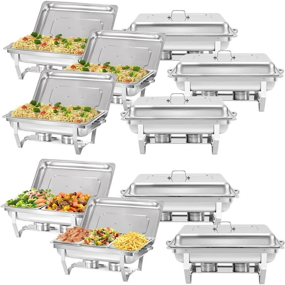 EVGTTI 10 Pack Chafing Dish Rectangular 8QT Full Pan×6 Half Pan×2 1/3 Pan×2 Chafers Stainless Steel Catering Buffet Warmer Set for Parties,Events,Wedding,Dinner