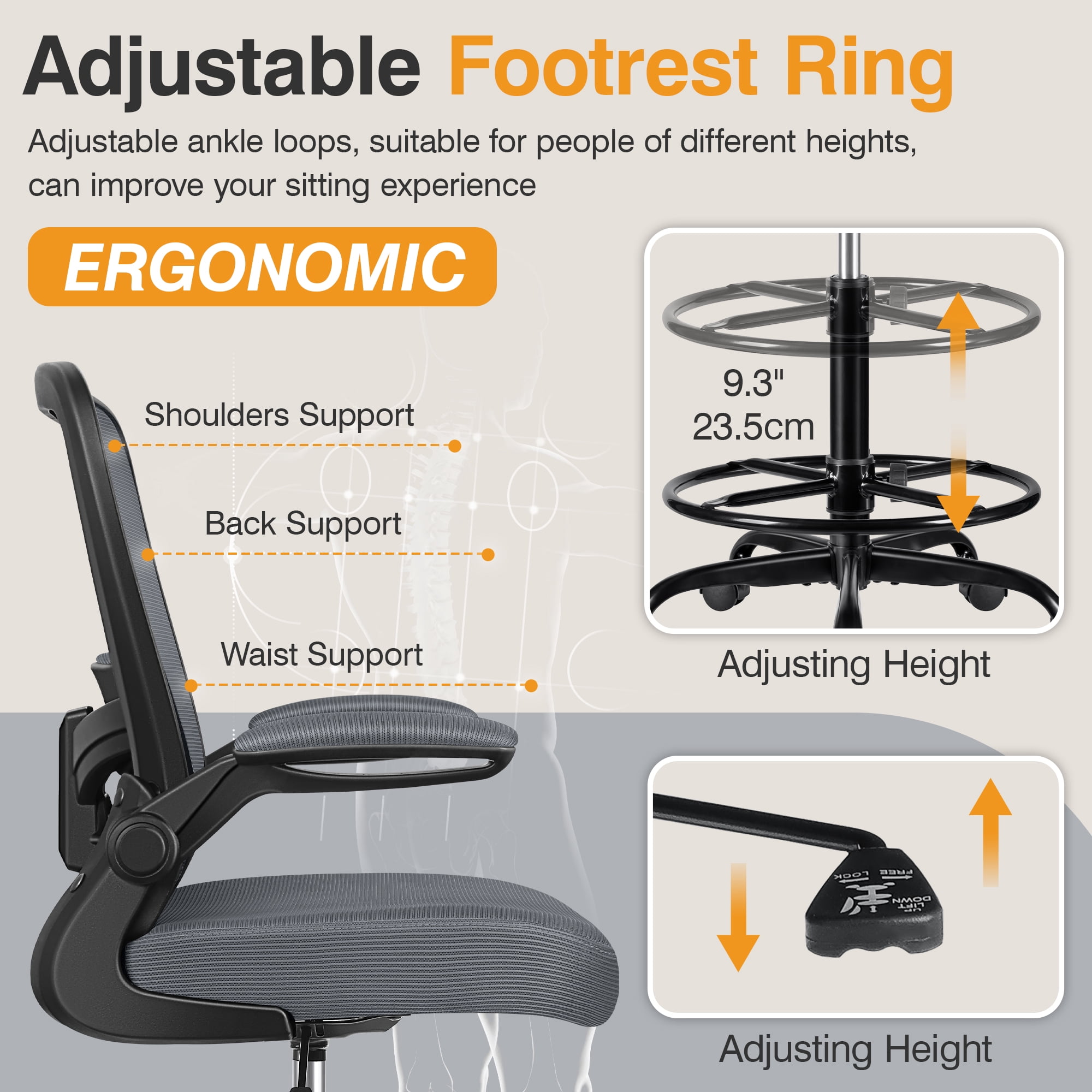 COOLHUT Home Office Chair with Flip-up Armrests for Standing Desk, Ergonomic Computer Office Desk Chair with Adjustable Foot Ring, Office Desk Chairs with Adjustab Lumbar Support, Dark Gray