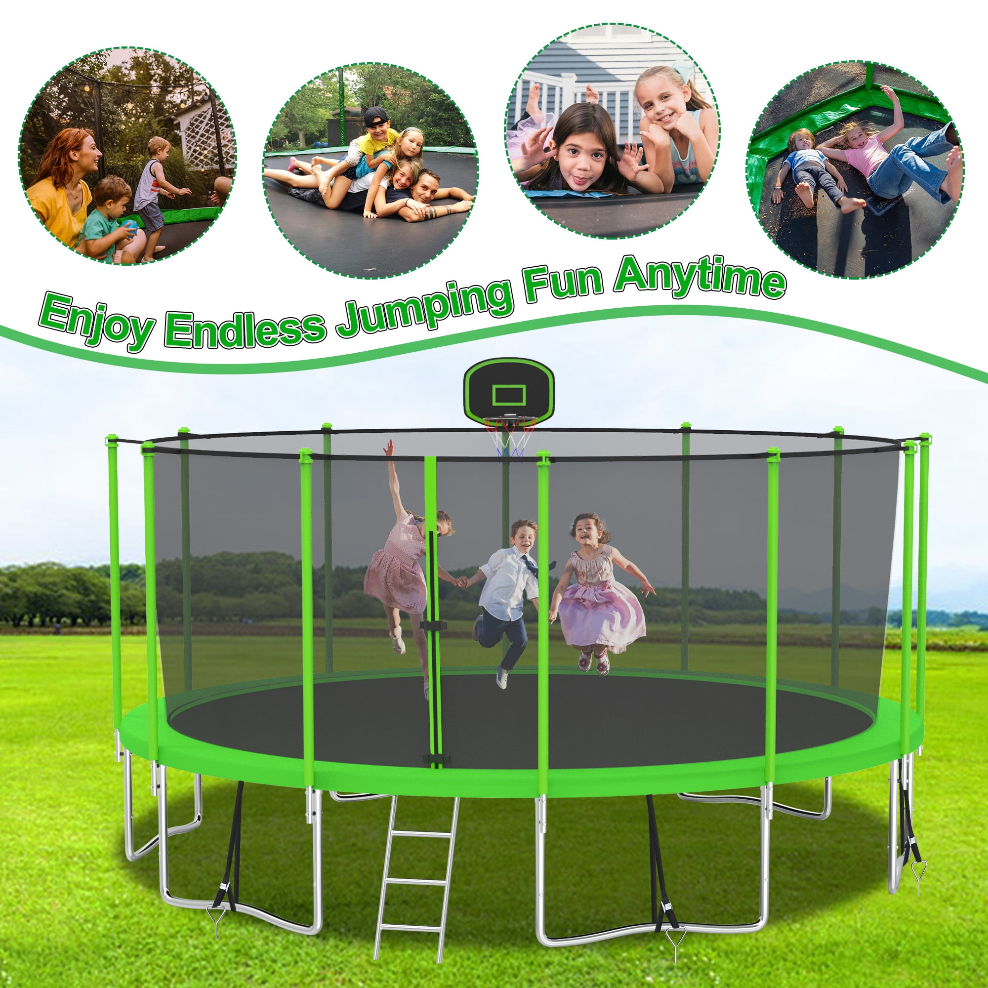 XMIKA Trampoline for Kids, 60'' Toddler Trampoline with Enclosure, Swing, Basketball Hoop, 5FT Indoor/Outdoor Trampoline with Adjustable Gymnastics Bars, Rings, Mini Trampoline for Boy and Girls