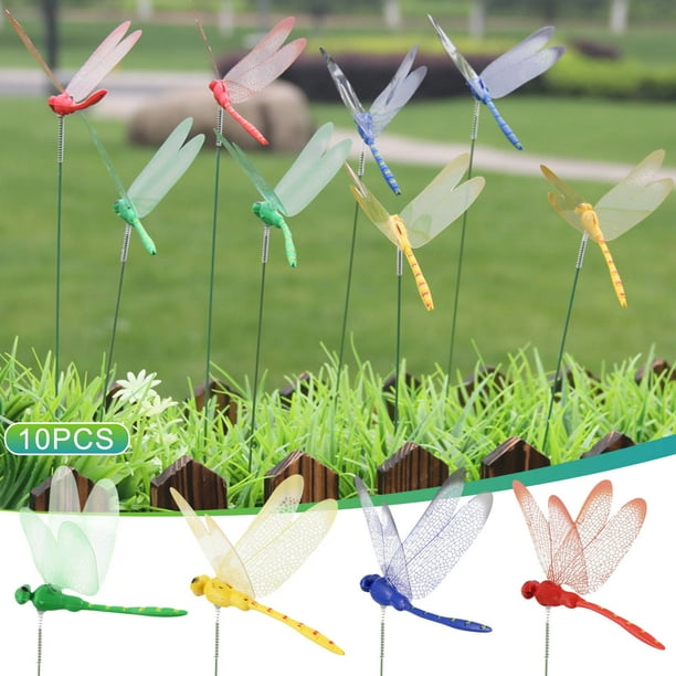 Estacas de jardín de libélulas 10PCS - Postes metálicos de 25 cm con libélulas artificiales de 8 cm - Movimiento de acción de resorte para jardines exteriores y decoración de plantas en maceta